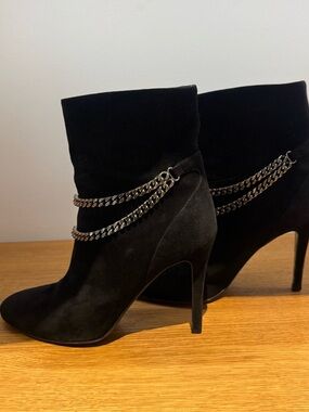 Saint Laurent Black Suede Chain-Trim Ankle Boots